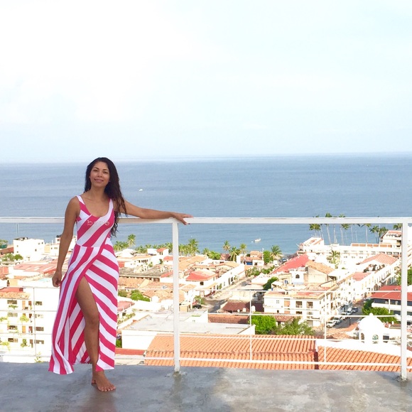 $120 BEBE Pink White Stripe Maxi Dress size XS - Picture 2 of 3